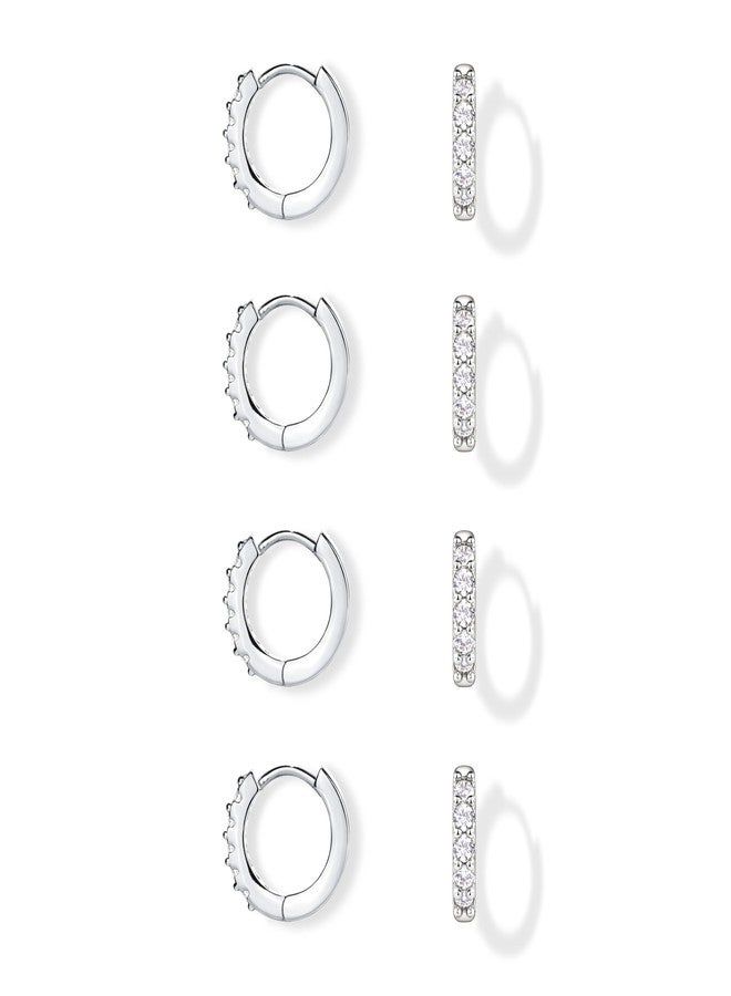 Gokeey 4 Pairs Sterling Silver Small Hoop Earrings Set Tiny Lightweight Cubic Zirconia Cuff Huggie Earrings Mini Hoops Cartilage Silver Piercing Jewelry for Women - Image 1